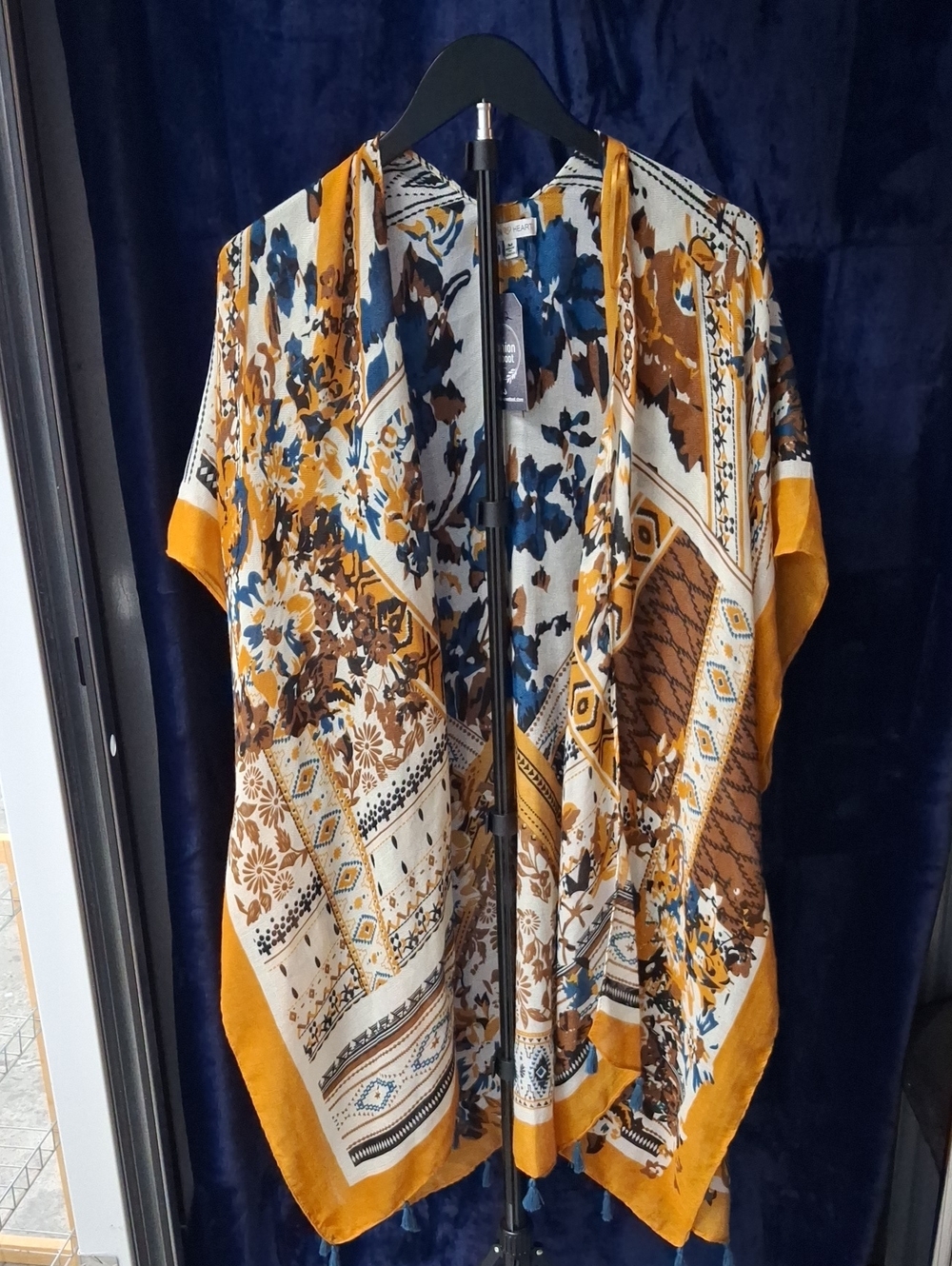 Woven Heart Floral Patchwork Open Cardigan - Mustard, Blue & Brown